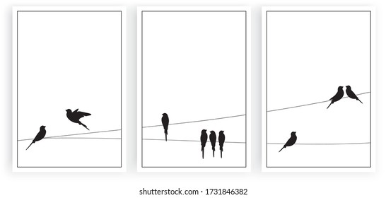 Birds silhouettes on wire, vector. Wall decals, wall art work. Scandinavian minimalist art design. Three pieces poster design isolated on white background. Flying bird silhouette, illustration. 