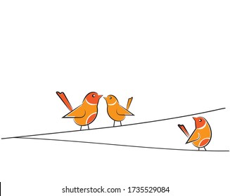 Birds silhouettes on wire, vector. Colorful birds illustration isolated on white background. Cartoon art design. Wall decals, artwork. Childish wall art design