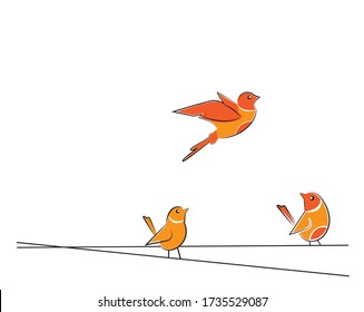 Birds silhouettes on wire, vector. Colorful birds illustration isolated on white background. Cartoon art design. Wall decals, artwork. Childish wall art design
