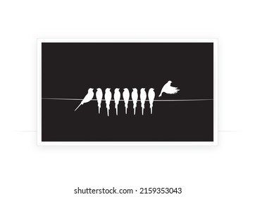 Birds silhouettes on wire, vector. Birds silhouettes isolated on black background. Minimalist black and white art design. Wall art, artwork, metal art