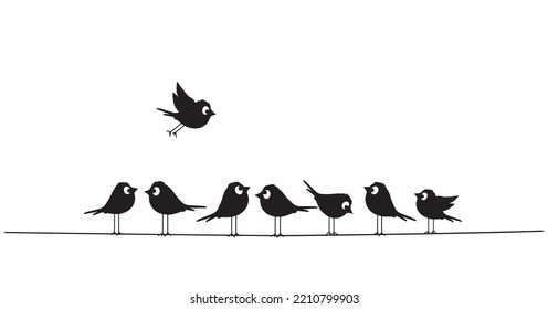 Birds silhouettes on wire, vector. Fun cartoon art design. Minimalist poster design isolated on white background. Black and white vintage art design. Wall Decals, Bird Silhouettes illustration