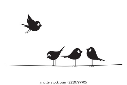 Birds silhouettes on wire, vector. Fun cartoon art design. Minimalist poster design isolated on white background. Black and white vintage art design. Wall Decals, Bird Silhouettes illustration