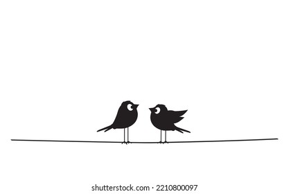 Birds silhouettes on wire, vector. Fun cartoon art design. Minimalist poster design isolated on white background. Black and white vintage art design. Wall Decals, Bird Silhouettes illustration
