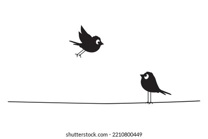 Birds silhouettes on wire, vector. Fun cartoon art design. Minimalist poster design isolated on white background. Black and white vintage art design. Wall Decals, Bird Silhouettes illustration