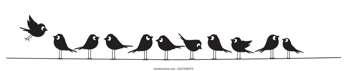 Birds silhouettes on wire, vector. Fun cartoon art design. Minimalist poster design isolated on white background. Black and white vintage art design. Wall Decals, Bird Silhouettes illustration