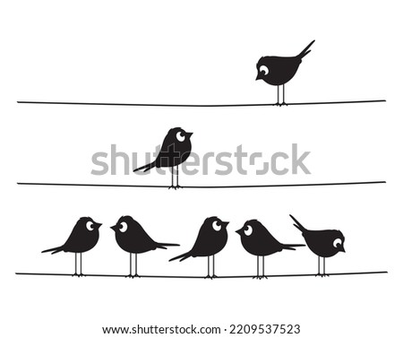 Birds silhouettes on wire, vector. Fun cartoon art design. Minimalist poster design isolated on white background. Black and white vintage art design. Wall Decals, Bird Silhouettes illustration
