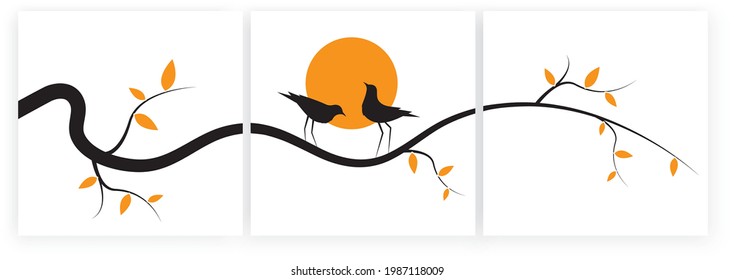 Birds silhouettes and trees illustration on sunset, vector. Scandinavian minimalist three pieces of poster design. Modern wall art design, artwork. Beautiful painting design. Home decoration