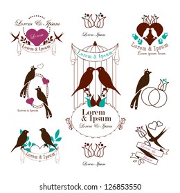 Birds Silhouettes And Vintage Elements Isolated On White Background - Vector Illustration, Graphic Design Editable For Your Design. Valentines Day Elements. Logo Symbol