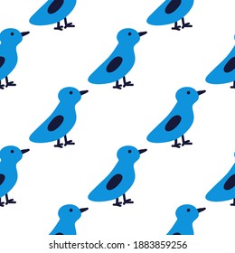 Birds are simple blue on a white background. Scandinavian simple pattern with birds. For textiles, background, packaging paper, fabric, wallpaper.
