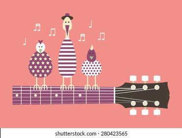 Birds sing to the guitar neck, vector cartoon illustration, flat design