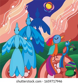 birds sing at night in the woods on the background of a stave