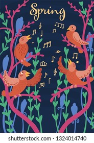 Birds sing, notes around, plants and flowers. Spring nature. Children's drawing illustration