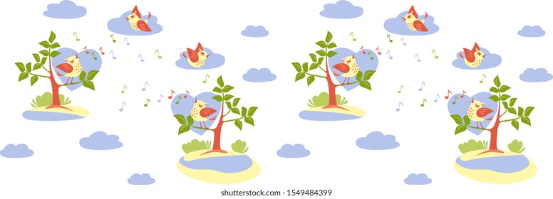 birds sing on a tree, fly in the clouds
