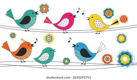 Pássaros cantando Melodias alegres em uma ilustração colorida da arte da cena da primavera floral