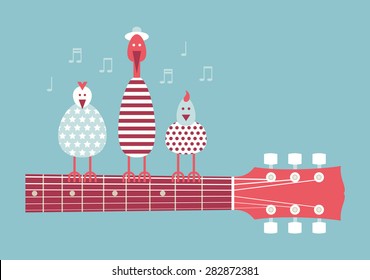 Birds singing on the guitar neck, vector cartoon illustration, flat design, blue background