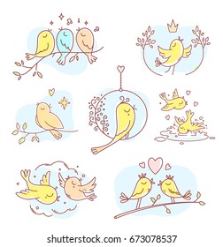 Birds sit on a branch, fly, sing a song, bathe in a puddle. Vector set of illustration of beautiful color spring birds with blue cloud, heart and note. Flat line art style bird for web, greeting card