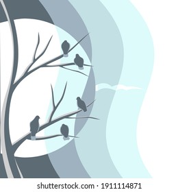 Los pájaros se sientan en un árbol esperando la primavera. Ilustración vectorial.