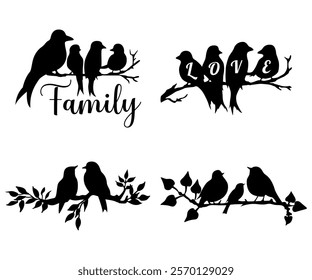 Birds sitting in brach silhouette family concept illustration 