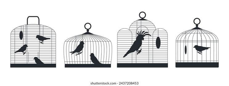 Birds sitting in cages silhouettes. Birds cages with domestic birds, canary, finch, cockatoo and budgie flat vector illustration set. Bird cages silhouette collection