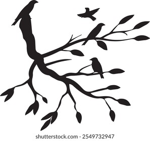 Birds sitting Flying on deciduous tree branches in forest, vector illustration,