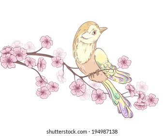 Birds sitting on blooming cherry tree. Decorative flower background. Hand drawing Vector illustration. 