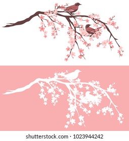 birds sitting on blooming sakura tree branches - outline and silhouette vector design set 