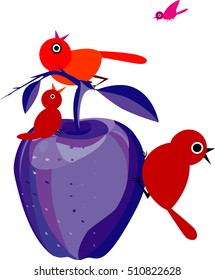 birds  is sitting on the blue apple  ,All elements are in separate layers color can be changed easily