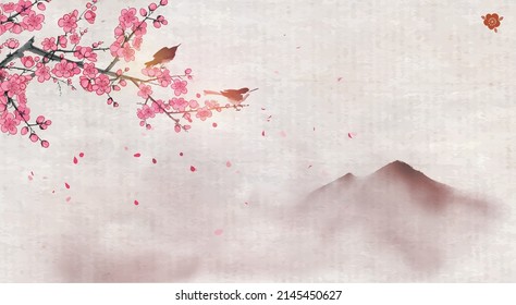 Vögel, die auf dem bossenden Sakura-Pflaumenzweig sitzen und weit mieses Gebirge. Traditionelle orientalische Tintenmalerei sumi-e, u-sin, go-hua auf Vintage-Reis-Papierhintergrund