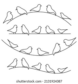 Birds sitting on the branch, black line isolated on white background, vector illustration.