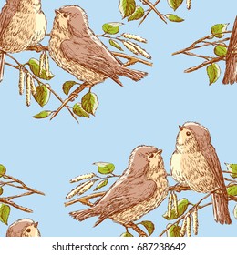 The birds are sitting on a branch in a spring day