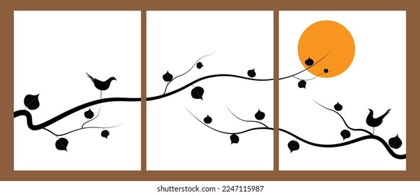 Birds sitting on branch at sunset, three pieces minimalist poster art design. Natural illustration isolated on white background. Wall art, artwork, wall decals. Canvas art.