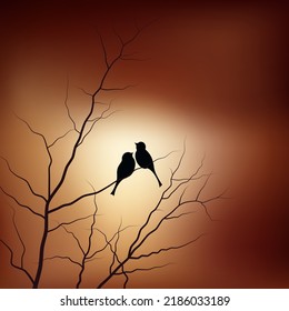Birds sitting on a branch. Vector illustration of birds sitting on a branch against the background of a bright red moon. Sketch for creativity.