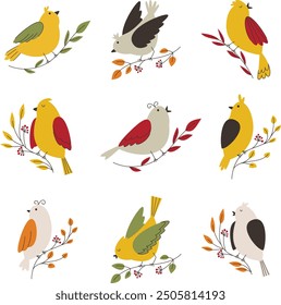 Birds sitting on the branches of autumn trees large set. Autumn birds with beautiful wings. Hand drawn vector illustration for postcard design, clothes, notebook cover.