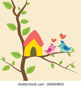 birds sitting on branches and birdhouses
