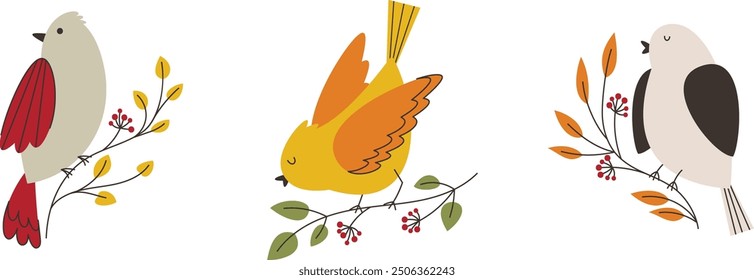 Pájaros sentados en ramas con hojas. Conjunto de Vector de pájaros de otoño para postales, carteles, papelería y diseño de ropa.