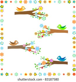 Birds sitting on different tree branches with decorative leaf flower. vector