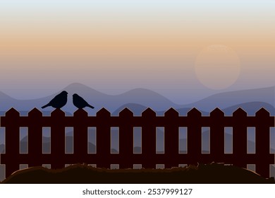 Pájaros sentados en la cerca a la luz del fondo de la puesta del sol. Silueta de dos pájaros en la vista del amanecer o de las colinas de la tarde. Temprano por la mañana luz dorada con un par de pájaros. Paisaje del amanecer y del anochecer. Ilustración vectorial