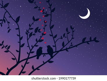 Birds sitting on a tree branch. Starry night sky and crescent moon. Valentine's Day concept. Vector illustration.