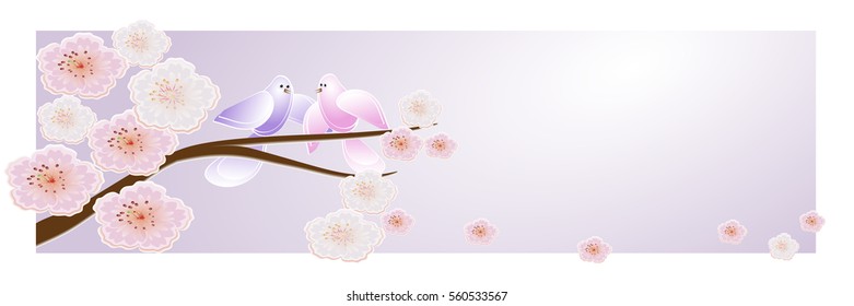 Birds sitting on a tree branch ,flowering cherry Sakura.Background for banners and websites. Vector illustration.