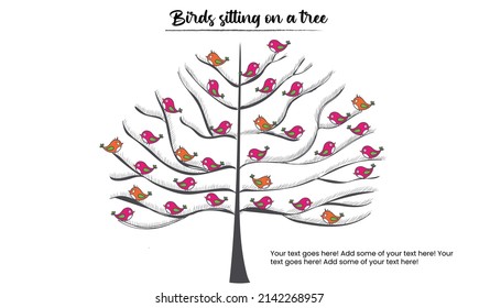 Birds sitting on tree branches. Vector Illustration of a hand-drawn tree with cartoon birds for storytelling, book cover, online teaching, art and craft, drawing, and educational purposes. 