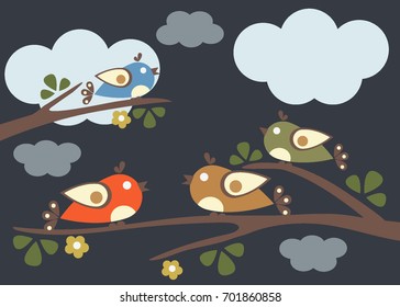 Birds sitting on tree branches. Vector Illustration. Cloudy Night