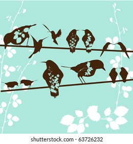 Birds sitting on a  wire - abstract  vector illustration