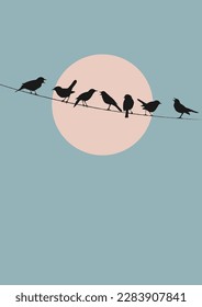 Birds sitting on a wire. Vector illustration of a flock of birds sitting on a wire. Sketch for creativity.