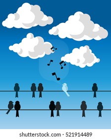 Birds sitting and singing on wires in the blue sky with white clouds