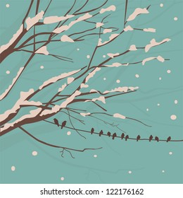 Birds sitting in wire - winter vector background in retro style