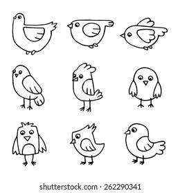 Birds sketch white and black vector set.