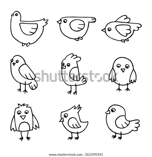 Birds Sketch White Black Vector Set Stock Vector (Royalty Free) 262290341