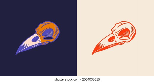 Birds skull line art. Magic cranium for the witch. Hand drawn vector sketch. 