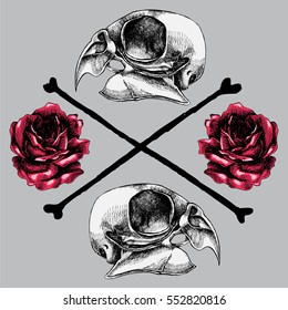 Bird's skull and red roses  logo. Vector hand drawn illustration in vintage style. Hipster element decor.