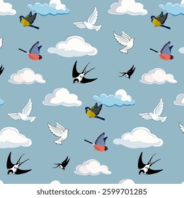 Birds in the sky among the clouds.Vector seamless pattern with colorful birds and clouds on a blue background.